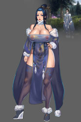Rule 34 | 1girl, absurdres, bad id, bad pixiv id, bare shoulders, black footwear, black thighhighs, blue dress, blue eyes, blue hair, blush, breasts, china dress, chinese clothes, choker, cleavage, collarbone, covered navel, dress, facial mark, female focus, forehead mark, full body, fur-trimmed footwear, fur trim, grey background, hair bun, hair ornament, hand on own hip, highres, huge breasts, jin yi dui, lips, long hair, nipples, original, parted lpis, pelvic curtain, platform footwear, red lips, sash, see-through, shiny skin, side slit, simple background, single hair bun, solo, standing, teeth, thighhighs, thighs