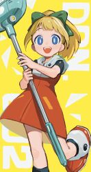 Rule 34 | absurdres, blonde hair, blue eyes, bow, breasts, bright pupils, broom, dress, hair bow, high ponytail, highres, holding, holding broom, looking at viewer, medium breasts, mega man (classic), mega man (series), red dress, robot girl, roll (mega man), rorobo 15, simple background, standing, standing on one leg, teeth, upper teeth only, white pupils