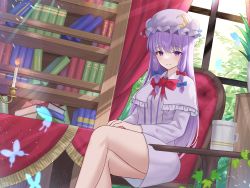 Rule 34 | 1girl, anima miko, blue bow, blue ribbon, book, book stack, bookshelf, bow, bowtie, bug, butterfly, candle, capelet, chair, closed mouth, commentary, crescent, crescent hat ornament, crescent pin, cup, curtains, dress, hair bow, hat, hat ornament, hat ribbon, highres, insect, leaf, light particles, long hair, looking at viewer, mob cap, mug, patchouli knowledge, plant, potted plant, purple eyes, purple hair, red bow, red bowtie, red ribbon, ribbon, robe, sitting, smile, solo, striped clothes, striped dress, sunlight, table, thighs, touhou, very long hair, window