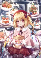 Rule 34 | 1girl, alternate costume, bell, beret, black choker, black pantyhose, black ribbon, blonde hair, blush, bow, box, brown pantyhose, cake, capelet, carousel, choker, christmas, christmas ornaments, christmas tree, closed mouth, commentary request, crystal, flandre scarlet, food, fruit, fur-trimmed capelet, fur trim, gift, gift box, hair bow, hat, head tilt, highres, holding, jacket, kure~pu, long hair, long sleeves, looking at viewer, merry christmas, no shoes, one side up, pantyhose, pillow, pink capelet, plaid, plaid skirt, red bow, red eyes, red hat, red skirt, ribbon, sitting, skirt, smile, snow globe, snowflakes, snowman, solo, strawberry, stuffed animal, stuffed toy, sweater, teddy bear, touhou, wariza, wings, winter