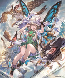 1girl animal bare_legs black_gloves breasts brown_eyes brown_hair commentary_request company_name day ezusuke fairy fairy_wings feet filly_(shadowverse) floating flower full_body gloves green_neckerchief green_skirt hair_flower hair_ornament hat highres holding holding_hat holding_unworn_clothes large_breasts looking_at_viewer neckerchief official_art one_eye_closed open_mouth outdoors shadowverse single_glove skirt smile solo sun_hat toeless_footwear toes wing_collar wings