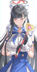 Rule 34 | 1girl, absurdres, black gloves, black hair, blue archive, blue bow, blue bowtie, blue dress, blush, bow, bowtie, breasts, bright pupils, cosplay, dress, gloves, hair bow, hair ornament, hairclip, halo, highres, holding, holding wand, large breasts, long hair, magical girl, red eyes, rio (blue archive), solo, sweatdrop, sysen, wand, white pupils