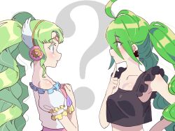 Rule 34 | 2girls, ?, ahoge, bare shoulders, black shirt, breasts, colored eyelashes, cropped shirt, crossover, drill hair, earrings, eye contact, falulu, falulu (awakened), finger to own chin, forehead jewel, from side, green eyes, green hair, grey eyes, hair between eyes, hand up, headphones, highres, idol clothes, jewelry, long hair, looking at another, medium breasts, multiple girls, otogami mimin, parted bangs, parted lips, pppppp, pretty series, pripara, profile, shirt, simple background, tsujii luki, twin drills, upper body, very long hair, white background, wing hair ornament