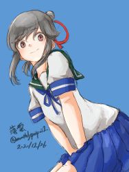 Rule 34 | 1girl, blue background, blue sailor collar, blue skirt, brown eyes, character name, commentary request, dated, dutch angle, grey hair, highres, kantai collection, long hair, one-hour drawing challenge, pleated skirt, sailor collar, simple background, sitting, skirt, solo, twitter username, umibudou, usugumo (kancolle), v arms