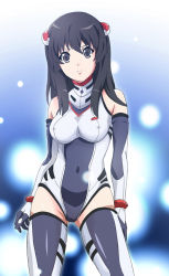 Rule 34 | 1girl, bad id, bad pixiv id, black eyes, black hair, blue background, blurry, bodysuit, bracer, breasts, covered erect nipples, cowboy shot, depth of field, elbow gloves, expressionless, gloves, gradient background, groin, hair bobbles, hair ornament, halterneck, headgear, hip focus, leotard, light particles, long hair, looking at viewer, misashi (raichi821), original, skin tight, solo, thighhighs, turtleneck