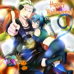 Rule 34 | 1boy, 1girl, animal ears, ass, atlus, bare shoulders, black eyes, blonde hair, blue eyes, blue hair, boots, breasts, cat ears, cat tail, couple, elbow gloves, gloves, halloween, halloween costume, hanuwabbit, persona, persona 4, pumpkin, shirogane naoto, smile, static, tail, tatsumi kanji, television