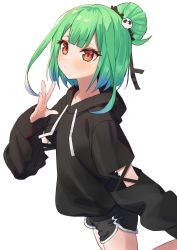 Rule 34 | 1girl, black hoodie, black shorts, blush, closed mouth, commentary request, drawstring, green hair, hair bun, hair ornament, hololive, hood, hood down, hoodie, long sleeves, looking at viewer, puffy long sleeves, puffy sleeves, red eyes, short shorts, shorts, sidelocks, simple background, single hair bun, skull hair ornament, sleeves past wrists, solo, syhan, uruha rushia, virtual youtuber, white background