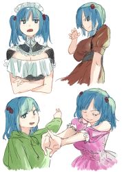 Rule 34 | 1girl, :d, absurdres, alternate costume, blue eyes, blue hair, breasts, brown dress, cleavage, closed mouth, dress, enmaided, green hoodie, hair bobbles, hair ornament, hand up, highres, hood, hood down, hoodie, interlocked fingers, kawashiro nitori, long sleeves, looking at viewer, maid, megame (okbnkn), multiple views, one eye closed, open mouth, outstretched arms, puffy short sleeves, puffy sleeves, sash, short sleeves, smile, stretching, touhou, twintails, two side up, v