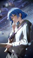 Rule 34 | 1girl, blue hair, bocchi the rock!, closed mouth, earrings, expressionless, finger to mouth, guitar, holding, holding instrument, instrument, jewelry, long sleeves, looking at viewer, mole, mole under eye, sa&#039;yuki, short hair, single earring, solo, yamada ryo, yellow eyes