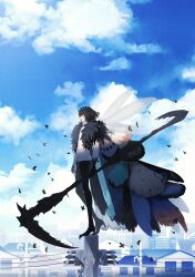 Rule 34 | 1boy, black hair, bug, cityscape, cloud, cloudy sky, crown, fate/grand order, fate (series), holding, holding scythe, house, insect, insect wings, moth, ninjin (ne f g o), oberon (third ascension) (fate), power lines, scythe, shirt, sky, utility pole, white shirt, wings