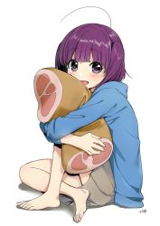 Rule 34 | 1girl, :d, ahoge, barefoot, blue jacket, blush, commentary request, grey skirt, highres, holding, hood, hood down, hooded jacket, jacket, kawai makoto, koufuku graffiti, looking at viewer, morino kirin, hugging object, open mouth, pillow, pillow hug, pleated skirt, purple eyes, purple hair, signature, simple background, sitting, skirt, smile, solo, toenails, two side up, white background