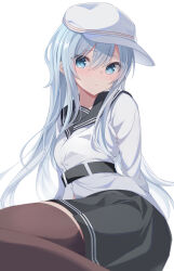 Rule 34 | 1girl, black sailor collar, black skirt, blue eyes, blush, breasts, brown thighhighs, buttons, closed mouth, fathom, grey hair, hair between eyes, hat, hibiki (kancolle), highres, kantai collection, long hair, long sleeves, looking at viewer, pleated skirt, sailor collar, sailor shirt, shirt, simple background, skirt, small breasts, solo, thighhighs, verniy (kancolle), white background, white hat, white shirt