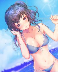 Rule 34 | 1girl, absurdres, bare arms, bare shoulders, bikini, blue bikini, blue hair, blue sky, blush, breasts, cloud, collarbone, commentary request, cowboy shot, day, dutch angle, front-tie bikini top, front-tie top, groin, hand in own hair, hands up, head tilt, highres, kometaki, large breasts, lens flare, long hair, looking at viewer, navel, original, outdoors, purple eyes, side ponytail, sky, smile, solo, stomach, string bikini, swimsuit