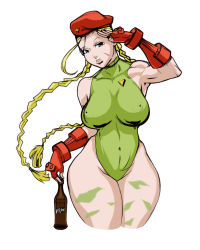 Rule 34 | 1girl, ahoge, beret, blonde hair, blue eyes, bodypaint, bottle, braid, breasts, cammy white, capcom, covered erect nipples, covered navel, cowboy shot, cropped legs, fingerless gloves, gloves, green leotard, hat, highleg, highleg leotard, huge ahoge, impossible clothes, johnrokk, large breasts, leotard, salute, scar, simple background, skin tight, solo, street fighter, thick thighs, thighs, thong leotard, twin braids, white background, wide hips