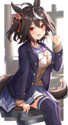 Rule 34 | 1girl, :d, absurdres, ahoge, animal ears, black hair, blue jacket, blue skirt, blush, bow, bowtie, brown cardigan, cardigan, hair ribbon, hand up, highres, horse ears, horse girl, horse tail, jacket, kitasan black (umamusume), layered sleeves, long sleeves, multicolored hair, open clothes, open jacket, open mouth, outside border, red eyes, ribbon, sitting, skirt, sky cappuccino, smile, solo, streaked hair, tail, thighhighs, two side up, umamusume, v, white bow, white bowtie, white hair