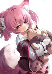 Rule 34 | 1girl, :&lt;, absurdres, animal ear fluff, animal ears, arknights, blush, closed mouth, collared shirt, fox ears, fox girl, fox tail, hair between eyes, hair ornament, highres, holding, holding stuffed toy, long sleeves, looking at viewer, medium hair, moepu., pink hair, pink skirt, red eyes, shamare (arknights), shirt, sidelocks, simple background, skirt, solo, stuffed animal, stuffed toy, tail, tail raised, twintails, upper body, white background, white shirt