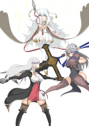 Rule 34 | + +, 3girls, absurdres, arm up, azur lane, black footwear, blue eyes, blue ribbon, boots, breasts, brown gloves, brown legwear, china dress, chinese clothes, cleavage, clothing cutout, double bun, dress, flower, from side, gloves, grey hair, hair bun, hair flower, hair ornament, hair over one eye, hand fan, highres, holding, holding polearm, holding weapon, kamonekoinu, knee boots, large breasts, le malin (azur lane), long hair, looking at viewer, multiple girls, official alternate costume, open mouth, pantyhose, pelvic curtain, polearm, red dress, red eyes, red ribbon, ribbon, saint-louis (alluring administrator) (azur lane), saint-louis (azur lane), sheer gloves, short sleeves, simple background, spear, thighhighs, two-tone dress, underboob cutout, very long hair, weapon, white background, white dress, white hair, white legwear
