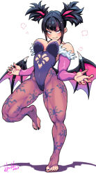 Rule 34 | 1girl, black hair, black leotard, black toenails, blush, breasts, bridal gauntlets, cleavage, closed mouth, demon wings, elbow gloves, embarrassed, feet, gloves, han juri, highres, hori shin, large breasts, leotard, looking at viewer, low wings, messy hair, multicolored hair, pantyhose, pink hair, purple pantyhose, red eyes, simple background, solo, standing, standing on one leg, street fighter, street fighter 6, sweat, toeless legwear, toes, twintails, two-tone hair, white background, wings