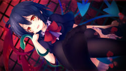 Rule 34 | 1girl, asymmetrical wings, black dress, black hair, black thighhighs, blue wings, blush, bow, bowtie, center frills, commentary request, dress, dutch angle, feet, feet out of frame, foot focus, frills, gengetsu chihiro, hair between eyes, hand up, heart, highres, houjuu nue, looking at viewer, open mouth, petticoat, red bow, red bowtie, red eyes, red wings, short hair, short sleeves, sitting, smile, snake, soles, solo, thighhighs, touhou, wings, zettai ryouiki