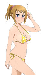 Rule 34 | 1girl, absurdres, bikini, blue eyes, blush, breasts, brown hair, cleavage, collarbone, cowboy shot, from side, gundam, gundam build fighters, gundam build fighters try, hair ornament, hair scrunchie, high ponytail, highres, hoshino fumina, looking at viewer, medium breasts, navel, pink scrunchie, print bikini, scrunchie, side-tie bikini bottom, sideboob, sidelocks, simple background, smile, solo, standing, swimsuit, text focus, tonotyama, translation request, wet, white background, yellow bikini