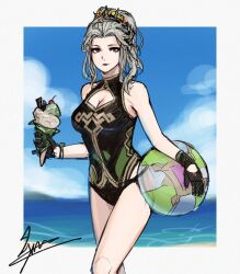 1girl alternate_costume alternate_hairstyle ball bare_shoulders beachball black_gloves black_one-piece_swimsuit breasts cleavage closed_mouth cm_lynarc cowboy_shot fire_emblem fire_emblem_heroes food gloves grey_hair highres holding holding_ball holding_beachball holding_ice_cream_cone ice_cream ice_cream_cone letizia_(fire_emblem) looking_at_viewer nintendo one-piece_swimsuit red_eyes signature solo swimsuit