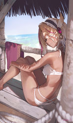Rule 34 | 1girl, absurdres, against tree, bare arms, bare legs, bare shoulders, bikini, black eyes, black hairband, blonde hair, closed mouth, commission, dark-skinned female, dark skin, day, feet out of frame, frilled hairband, frills, from side, hairband, highres, long hair, looking at viewer, looking to the side, multicolored hair, on floor, original, outdoors, palm tree, photoshop (medium), purple hair, sitting, skeb commission, smile, solo, sooon, streaked hair, swimsuit, towel, tree, two-tone hair, virtual youtuber, white bikini