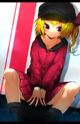 Rule 34 | 1girl, absurdres, black hat, black socks, blonde hair, blush, closed mouth, hat, highres, jacket, letterboxed, long sleeves, looking at viewer, niwarhythm, one side up, pleated skirt, red eyes, red jacket, red skirt, rumia, sanpaku, skirt, smile, socks, solo, touhou