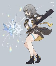 Rule 34 | 1girl, absurdres, ankle boots, baseball bat, black footwear, black gloves, black jacket, black skirt, boots, commentary request, from side, gloves, grey background, grey hair, high heels, highres, holding, holding baseball bat, honkai: star rail, honkai (series), jacket, long hair, motion lines, origami gyokuo, shirt, simple background, skirt, solo, stelle (honkai: star rail), t-shirt, thigh strap, trailblazer (honkai: star rail), white shirt, yellow eyes
