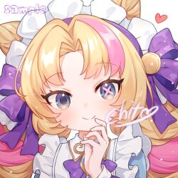 Rule 34 | 1girl, artist name, blonde hair, blush, bow, bowtie, cafe cuties gwen, closed mouth, commentary request, cone hair bun, dokumi, drill hair, gwen (league of legends), hair bow, hair bun, hand up, heart, league of legends, long hair, long sleeves, maid, maid headdress, multicolored hair, official alternate costume, pink hair, portrait, purple bow, purple bowtie, sample watermark, smile, solo, twin drills, twintails, two-tone hair, watermark