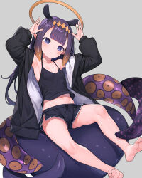 Rule 34 | 1girl, armpits, arms up, barefoot, black camisole, black jacket, black shorts, blunt bangs, blush, breasts, camisole, closed mouth, collarbone, commentary, diamond hairband, dolphin shorts, extra ears, feet, full body, grey background, halo, highres, hololive, hololive english, jacket, legs, long hair, long sleeves, luckyeldayo, midriff, navel, ninomae ina&#039;nis, open clothes, open jacket, pointy ears, puffy long sleeves, puffy sleeves, purple eyes, purple hair, shorts, simple background, small breasts, soles, solo, tentacle hair, tentacles, toes, upshorts, virtual youtuber
