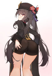 Rule 34 | 1girl, absurdres, ass, black hair, black hat, black shirt, black shorts, chinese clothes, flower, from behind, genshin impact, hat, hat flower, highres, hu tao (genshin impact), leaning forward, long hair, long sleeves, looking at viewer, looking back, plum blossoms, red eyes, rika (mikunopantsu), shirt, short shorts, shorts, simple background, smile, solo, standing, thighs, twintails, very long hair, white background