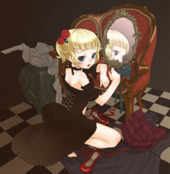 Rule 34 | 1girl, blunt bangs, checkered floor, choker, copyright request, corset, dress, from behind, goth fashion, gothic lolita, gown, inuburo, lolita fashion, mirror, nape, reflection, shoes, unworn shoes, solo