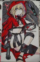 1girl adapted_costume antique_firearm big_and_will_be_bad_wolf bikini black_bandages black_bikini black_souls blonde_hair blue_eyes cape capelet closed_mouth crimson_scar_(e.g.o) crossover e.g.o_(project_moon) feet_out_of_frame firearm firelock flintlock full_body gun highres holding holding_gun holding_weapon hood hooded_cape hooded_capelet lobotomy_corporation looking_at_viewer project_moon rebrrro red_cape red_capelet red_hood_(black_souls) short_hair sidelocks simple_background solo swimsuit weapon white_background