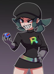 Rule 34 | 1girl, belt, black dress, black hat, breasts, clenched teeth, commentary request, creatures (company), dress, evil smile, game freak, gloves, great ball, green eyes, green hair, grey gloves, hand on own hip, hand up, hat, highres, holding, holding poke ball, long sleeves, nintendo, npc trainer, omoitsuka, outline, poke ball, pokemon, pokemon usum, sharp teeth, shiny skin, short dress, smile, solo, team rainbow rocket, team rainbow rocket grunt, team rainbow rocket uniform, teeth, turtleneck