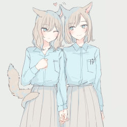 Rule 34 | 2girls, animal ears, arm at side, blouse, blue eyes, blue shirt, blush, cat ears, cat girl, cat tail, collared shirt, commentary request, ear-to-ear, ears touching, grey hair, grey skirt, holding hands, interlocked fingers, inutose, long sleeves, medium hair, multiple girls, one eye closed, original, pen in pocket, school uniform, shirt, sideways glance, simple background, skirt, smile, tail, tail wrap, yuri
