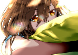 Rule 34 | 1girl, absurdres, blue shirt, brown eyes, brown hair, highres, looking at viewer, lying, musihara, hugging object, on stomach, original, pillow, pillow hug, portrait, shirt, short hair, solo