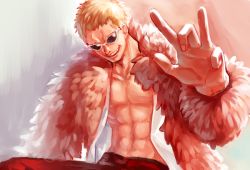Rule 34 | 1boy, abs, blonde hair, donquixote doflamingo, feathers, male focus, one piece, open clothes, open shirt, shirt, sitting, smile, solo, sunglasses, yamsong