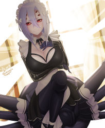 Rule 34 | 1girl, absurdres, alternate costume, arachne, arthropod girl, artist name, black gloves, black skirt, black thighhighs, blacksaikou, blush, breast hold, breasts, carapace, cleavage, cleavage cutout, clothing cutout, commentary, dutch angle, elbow gloves, english commentary, enmaided, extra eyes, eyes visible through hair, gloves, hair between eyes, hand on own chest, highres, insect girl, large breasts, light purple hair, looking at viewer, maid, maid headdress, medium hair, monster girl, monster musume no iru nichijou, no pupils, rachnera arachnera, red eyes, skirt, smile, solo, spider girl, sunlight, taur, thighhighs, window