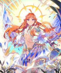 Rule 34 | 1girl, absurdres, ahoge, bare shoulders, blue eyes, breasts, detached collar, detached sleeves, flower, gem, gloves, greek mythology, hair intakes, highres, iris (mythology), jewelry, long hair, low wings, mansu, multicolored eyes, navel, orange hair, original, outstretched arms, parted lips, pink eyes, ring, shingoku no valhalla gate, small breasts, solo, standing, thigh strap, wings