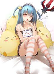 Rule 34 | &gt; &lt;, 1girl, :3, = =, ahoge, asymmetrical legwear, azur lane, bare arms, bare shoulders, bed sheet, bird, blue bow, blue hair, blush, blush stickers, bow, breasts, cat, character name, chick, cleavage, collarbone, commentary request, feet out of frame, hair between eyes, highres, hugging object, kneehighs, knees up, large breasts, long hair, looking at viewer, maid headdress, manjuu (azur lane), medium breasts, neptune (azur lane), no shoes, one eye closed, open mouth, polearm, puff of air, red eyes, shadow, single kneehigh, single sock, single thighhigh, sitting, socks, solo, spaghetti strap, strap slip, striped clothes, striped socks, striped thighhighs, tears, thighhighs, toyosaki shu, trembling, trident, two side up, uneven legwear, weapon, white socks, yawning, zzz