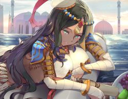 Rule 34 | 1girl, arm wrap, armlet, armor, black hair, blue armor, blush, bracelet, breastplate, breasts, bridal gauntlets, chain, circlet, dark-skinned female, dark skin, fate/grand order, fate (series), feathers, food, forehead jewel, fruit, grapes, green eyes, hat, jewelry, large breasts, long hair, looking at viewer, lying, mosta (lo1777789), on stomach, parted bangs, pauldrons, pear, ring, scheherazade (fate), scroll, shoulder armor, solo, tray, very long hair