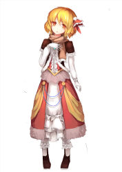 Rule 34 | 1girl, :o, alternate costume, blonde hair, blush, bow, brooch, brown jacket, brown scarf, frills, full body, fur trim, gloves, hair between eyes, hair bow, hair ribbon, head tilt, highres, jacket, jewelry, long sleeves, looking at viewer, neetsr, open clothes, open jacket, orange hair, puffy pants, red skirt, red vest, ribbon, rumia, scarf, short hair, simple background, skirt, solo, standing, touhou, vest, white background, white gloves