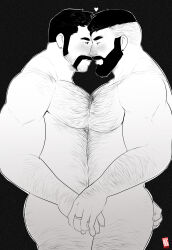 Rule 34 | 2boys, arm hair, ass hair, bara, beard, chest hair, completely nude, couple, doctor anfelo, ear piercing, eye contact, facial hair, feet out of frame, foreplay, from side, greyscale, hairy, half-closed eyes, hand on another&#039;s ass, heart, highres, husband and husband, large pectorals, leg hair, looking at another, male focus, mature male, monochrome, multiple boys, muscular, muscular male, mustache, navel hair, no nipples, nude, original, pectoral docking, pectoral press, pectorals, piercing, profile, seductive smile, short hair, smile, stubble, thick eyebrows, thick mustache, thighs, undercut, yaoi