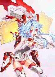Rule 34 | &gt;:o, 10s, 1girl, :o, ahoge, angry, armor, axe, blanc (neptunia), blue hair, elbow gloves, eyes visible through hair, fangs, faulds, fighting stance, flat chest, floating, floating hair, floating object, gears, gloves, highres, holding, holding weapon, huge weapon, jpeg artifacts, kami jigen game neptune v, leaning forward, leotard, looking at viewer, magical girl, neptune (series), open mouth, over shoulder, power symbol, power symbol-shaped pupils, rectangular mouth, red eyes, short hair with long locks, simple background, solo, sxbzero, symbol-shaped pupils, thighhighs, v-shaped eyebrows, weapon, weapon over shoulder, white background, white gloves, white heart (neptunia), white thighhighs