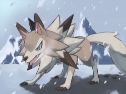 Rule 34 | absurdres, blue eyes, claws, commentary request, creatures (company), fangs, game freak, gen 7 pokemon, highres, jira (ziraiya26), looking down, lycanroc, lycanroc (midday), mountain, nintendo, no humans, open mouth, outdoors, pokemon, pokemon (creature), snow, snowing, solo, standing, tongue, tongue out