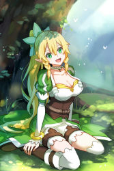 Rule 34 | 1girl, bag, blonde hair, boots, bracelet, braid, breasts, brown footwear, choker, cleavage, collarbone, day, detached sleeves, green eyes, hair between eyes, head tilt, highres, jewelry, knee boots, large breasts, leafa, long hair, open mouth, outdoors, pointy ears, ponytail, shorts, shoura, sitting, solo, sword art online, thighhighs, twin braids, underbust, very long hair, white choker, white shorts, white sleeves, white thighhighs