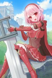 Rule 34 | 1girl, armor, blue sky, bodysuit, cape, covered navel, fire emblem, fire emblem engage, hair ribbon, hairband, highres, holding, holding weapon, lapis (fire emblem), looking at viewer, nintendo, open mouth, pink hair, pleated skirt, red armor, red cape, red eyes, red skirt, ribbon, ru wan chi, short hair, sitting, skirt, sky, smile, solo, weapon, white ribbon