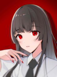 Rule 34 | 1girl, absurdres, black hair, black necktie, blurry, chinese commentary, chromatic aberration, commentary request, highres, juzi wei qishui, long hair, mole, mole under eye, necktie, original, portrait, red eyes, red nails, solo