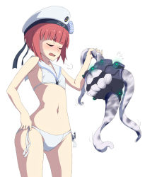 Rule 34 | 10s, 1girl, bikini, blunt bangs, blush, breasts, character request, closed eyes, cowboy shot, creature, flying sweatdrops, groin, hat, kantai collection, motion lines, navel, red hair, sailor collar, side-tie bikini bottom, sigh, simple background, small breasts, standing, sweatdrop, swimsuit, tentacles, toho-77, white background, z3 max schultz (kancolle)