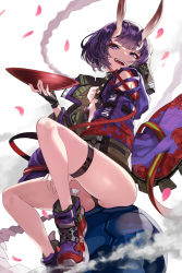 Rule 34 | 1girl, adapted costume, bare shoulders, blush, bob cut, breasts, cup, eyeliner, fate/grand order, fate (series), goomrrat, highres, horns, looking at viewer, makeup, oni, open mouth, purple eyes, purple hair, sakazuki, short eyebrows, short hair, shuten douji (fate), simple background, sitting, skin-covered horns, smile, solo, thigh strap, white background